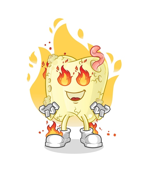 Caries dental en mascota de fuego. vector de dibujos animados
