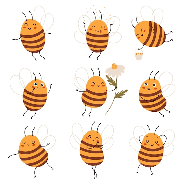 Vector cariñosa abeja de miel divertida pequeña miel obtiene personajes en varios estados y poses dibujos animados insectos alados de trabajo feliz mascota zumbido con flor de manzanilla avispas de rayas amarillas set de abejas vector