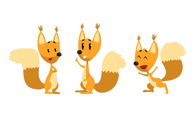Cariñosa ardilla en acción juego gracioso peludo rojo animal salvaje ilustración vectorial