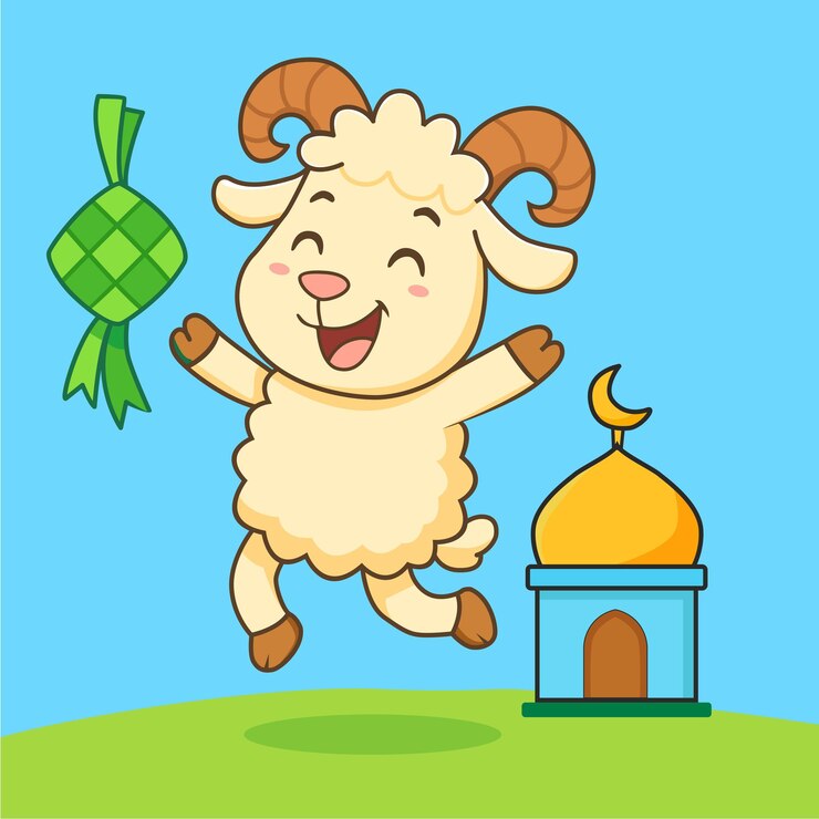 Cariñosa cabra feliz para la celebración del Eid alAdha con ketupat y tambor de la mezquita