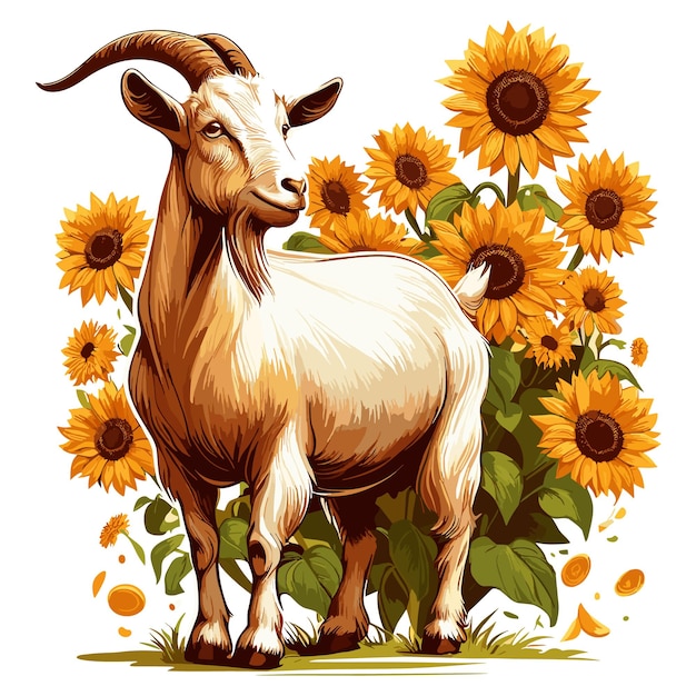 Cariñosa cabra y girasoles dibujos animados de estilo vectorial fondo blanco