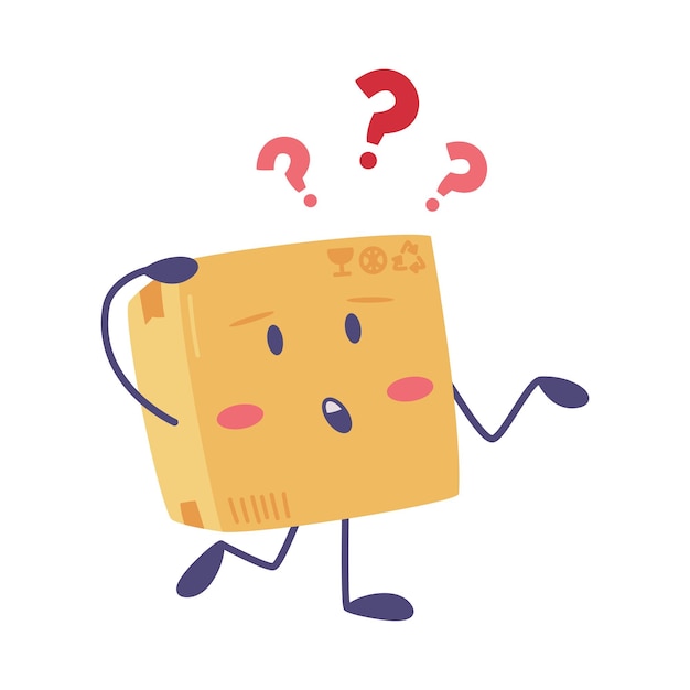 Cariñosa entrega Caja de cartón Personaje Pensamiento Rascarse la cabeza Sentimiento de frustración Ilustración vectorial