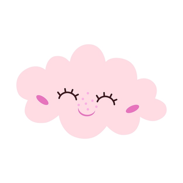 Cariñosa nube kawaii de color rosa con cara de dibujos animados y lindos ojos grandes elemento mágico del cielo aislado