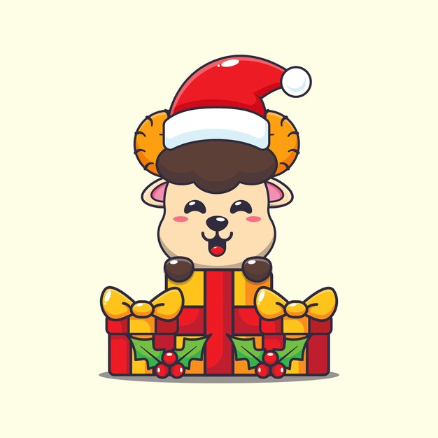 Cariñosa oveja carnero feliz con el regalo de Navidad Cariñosa ilustración de personaje de dibujos animados de Navidad