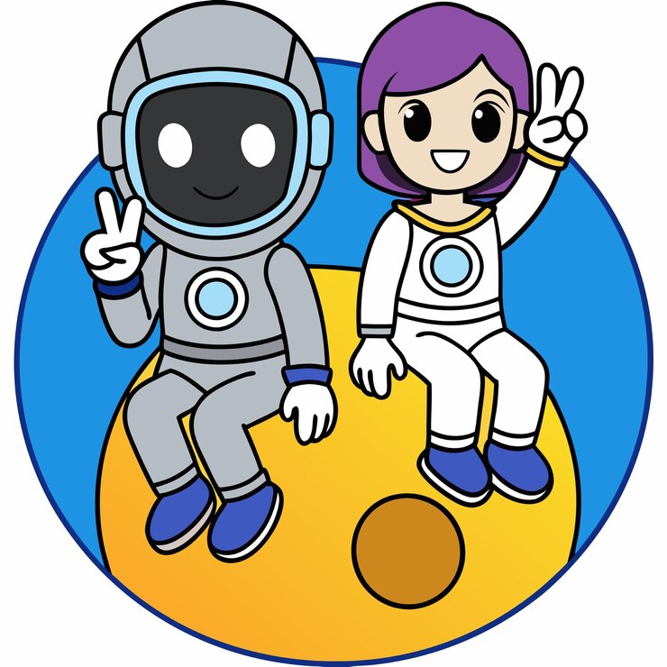 Vector cariñosa pareja de astronautas sentados en la luna con la mano de la paz icono de dibujos animados vectorial ilustración ciencia tecnología icono concepto aislado estilo de dibujo animado plano vectorial premium