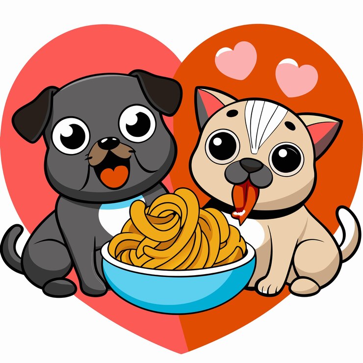 Vector cariñosa pareja de gato y perro pug comiendo espagueti juntos icono vectorial de dibujos animados ilustración icono de comida animal concepto aislado estilo de dibujus animados plano vectorial premium