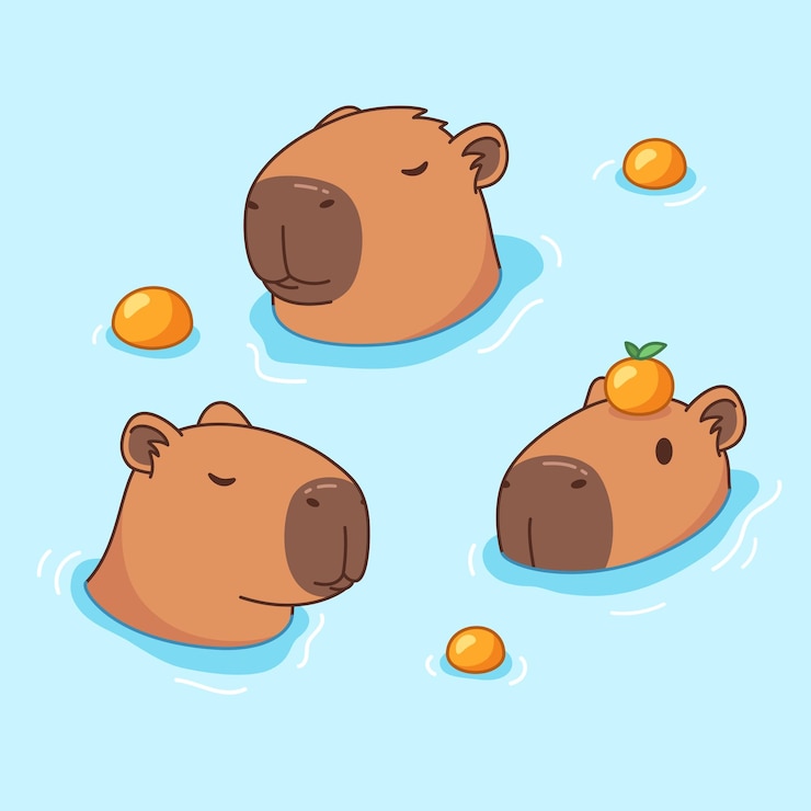 Vector cariñosas capibaras relajándose y nadando en un baño de agua con naranjas dibujadas al estilo de dibujos animados