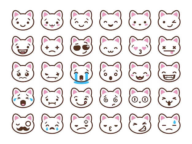 Cariñosas caras de gatito Kawaii gatos emoticones clipart emocional de bebé gatito de dibujos animados aislado varias emociones expresión contorno de mascotas cabezas ordenado conjunto vectorial de ilustración de cara de gatito