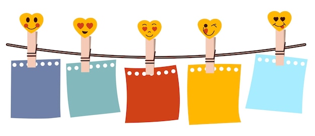 Cariñosas clavijas de ropa con corazones sonrientes y un conjunto de hojas de papel de colores para notas papel de colores