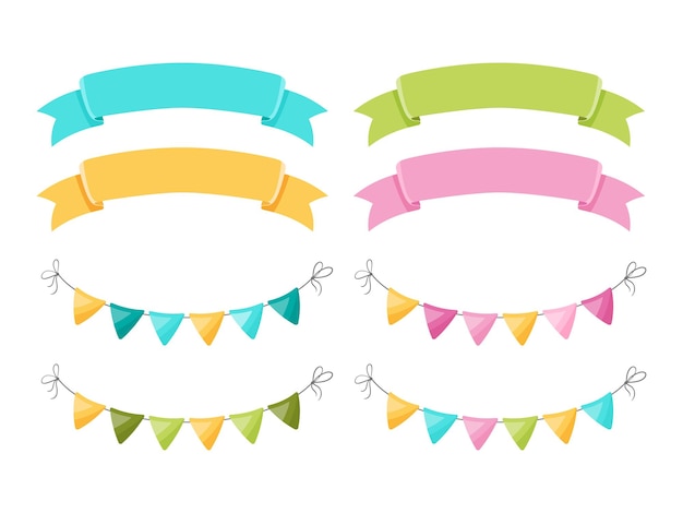 Cariñosas y coloridas cintas y banderas de banderas en varios colores perfectas para pancartas de invitaciones a fiestas