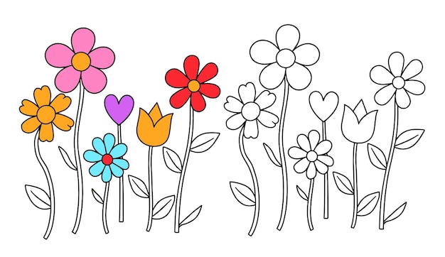 Cariñosas flores y formas de dibujos animados iconos margarita floral forma orgánica estrella de nube y otros elementos en el estilo brutal lúdico de moda