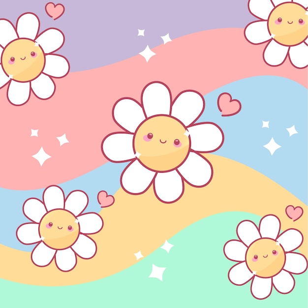 Cariñosas flores Kawaii con corazones y estrellas en fondo pastel