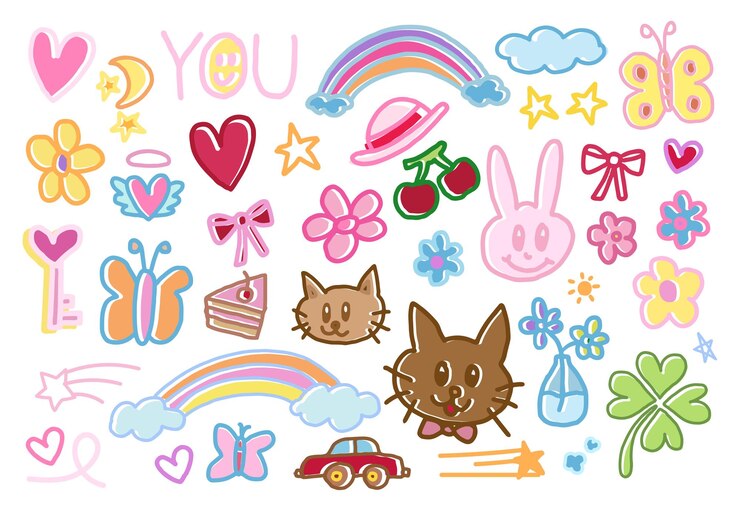 Cariñosas ilustraciones dibujadas a mano de conejo rosado gato marrón arco iris pastel flores corazón mariposa ri