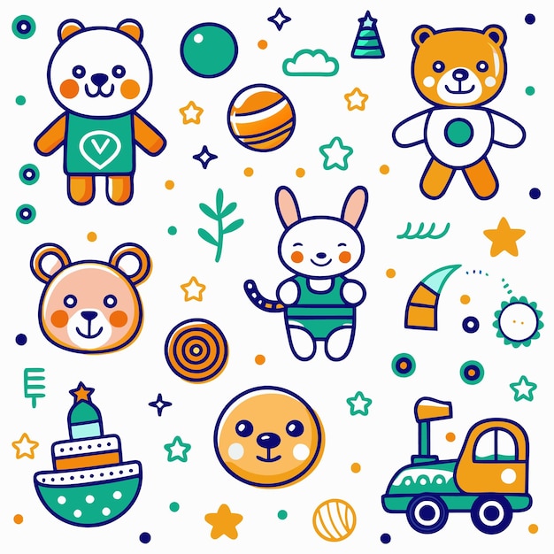 Cariñosas ilustraciones de dibujos animados de osos de peluche conejitos y juguetes