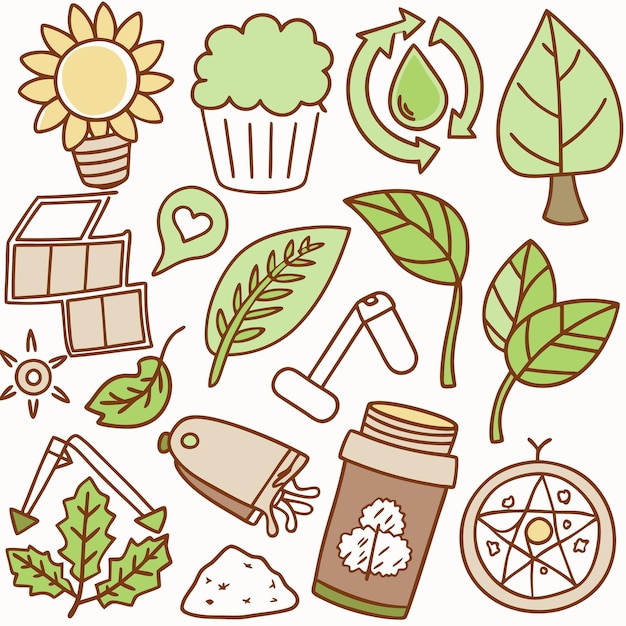 Cariñosas ilustraciones de dibujos animados verdes y marrones de elementos de la naturaleza