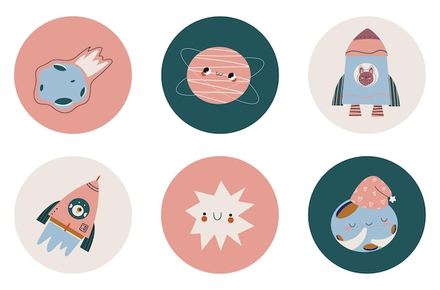 Vector cariñosas ilustraciones espaciales con pegatinas redondas de los planetas, el meteorito, la estrella, el sol, el astronauta y la nave espacial