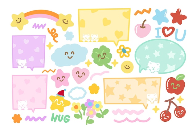 Cariñosas ilustraciones de estrellas de corazón hojas de trébol cereza manzanas flores burbujas de texto nube gato arco iris