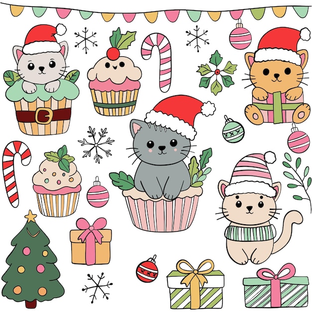 Cariñosas ilustraciones de gatos navideños con sombreros de Papá Noel y decoraciones festivas para diseños navideños