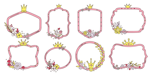 Cariñosas marcos femeninos Decoraciones de princesa con coronas reales y flores Corazón de amor Fiesta de cumpleaños Plantas en flor ramo de bordes de cuento de hadas Elementos de diseño rosado dulce conjunto vectorial