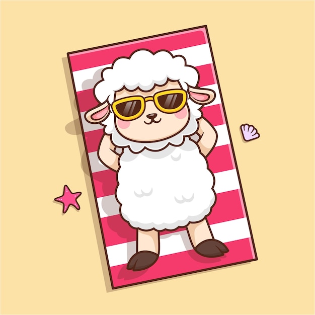 Cariñosas ovejas relajándose en una alfombra en la playa Ilustración de icono vectorial de dibujos animados Animal Holiday Apartamento aislado
