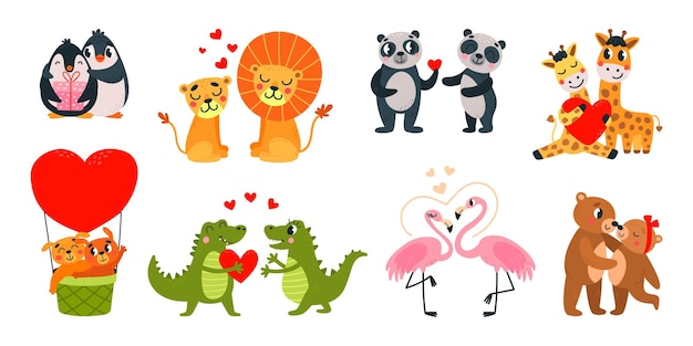 Cariñosas parejas de animales personajes románticos animales enamorados abrazándose y tomándose de la mano oso de dibujos animados gracioso y Leo día de San Valentín clipart vectorial elegante