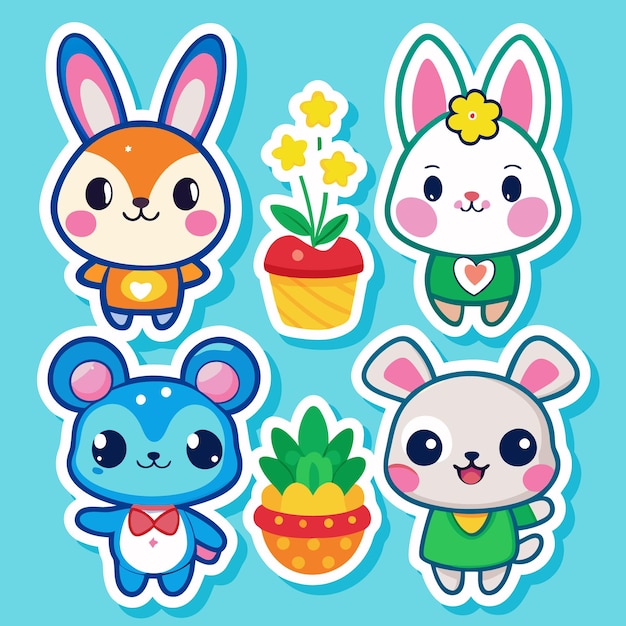 Cariñosas pegatinas de animales con plantas personajes adorables para la decoración