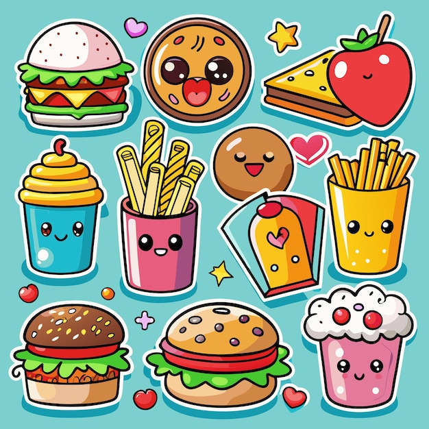 Cariñosas pegatinas de comida de dibujos animados con caras felices