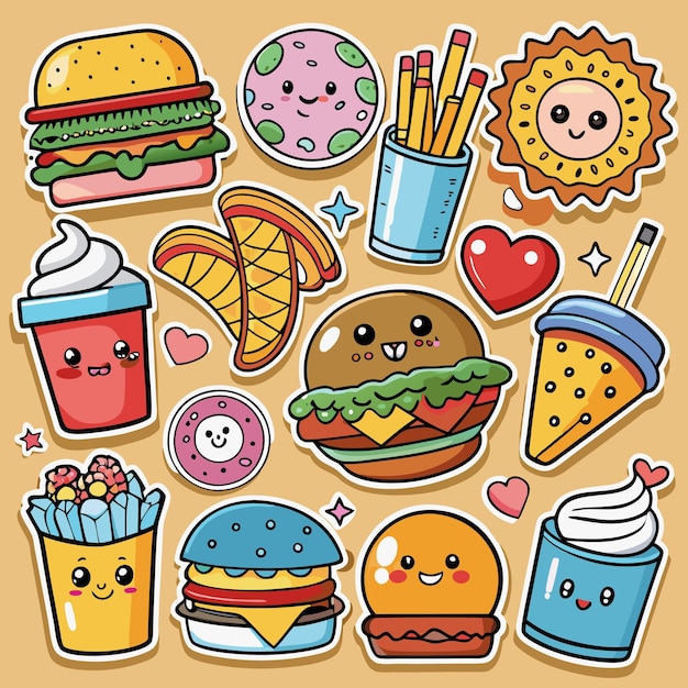 Cariñosas pegatinas de comida rápida de dibujos animados con caras felices
