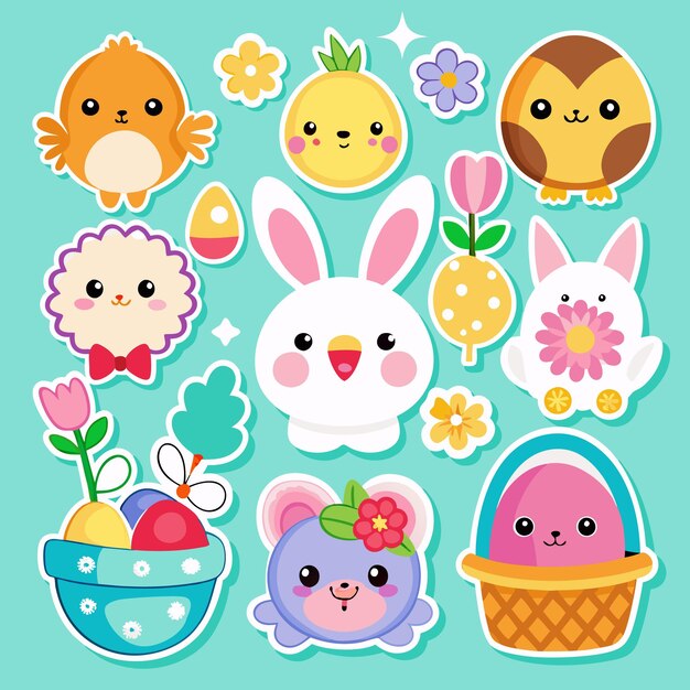 Cariñosas pegatinas de conejo de Pascua y otros animales