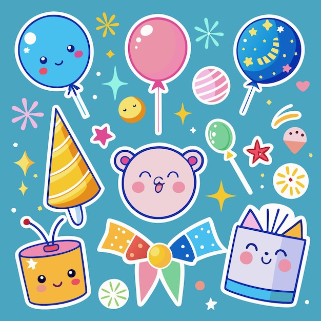 Cariñosas pegatinas de dibujos animados de animales y objetos con caras felices