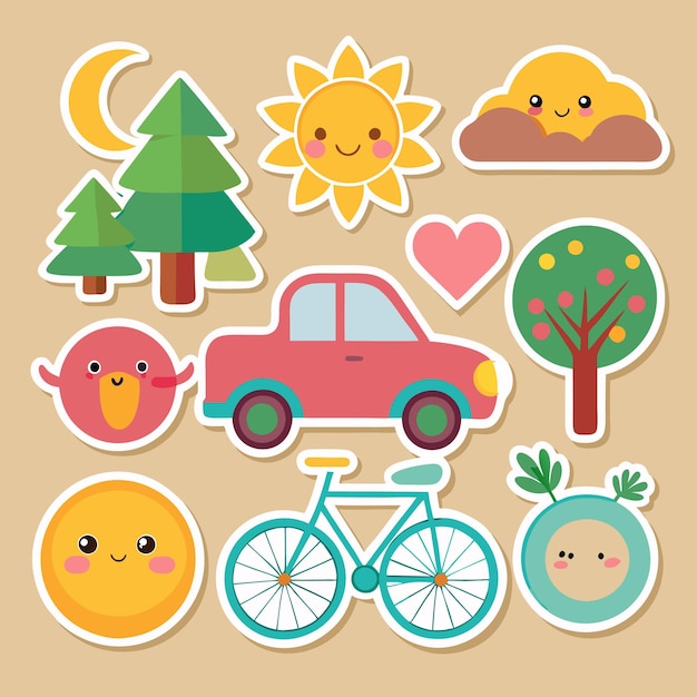 Cariñosas pegatinas de dibujos animados con un coche bicicleta árboles sol luna nube corazón y dos figuras redondas divertidas