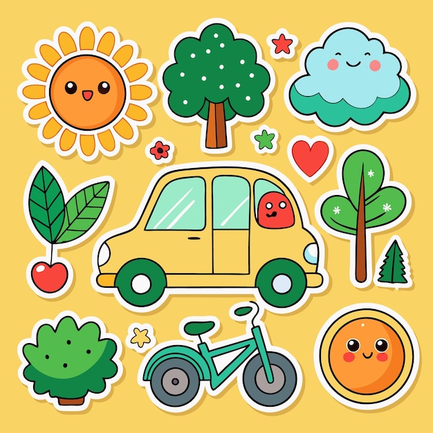 Cariñosas pegatinas de dibujos animados con un coche bicicleta sol nubes árboles hojas y una cereza