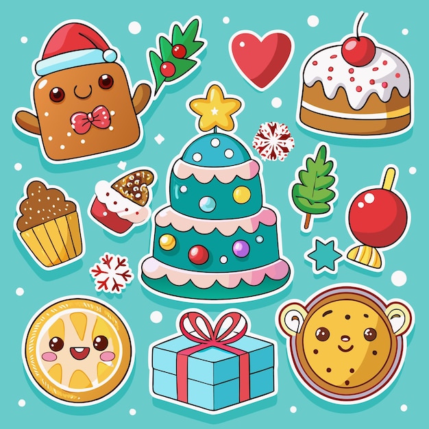 Cariñosas pegatinas de dibujos animados con elementos temáticos navideños como un hombre de pan de jengibre un árbol de Navidad un regalo y bastones de caramelo