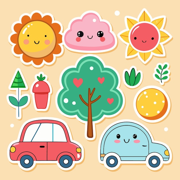 Cariñosas pegatinas de dibujos animados con el sol sonriente, árboles de nubes, coches de macetas de flores y hojas sobre un fondo de melocotón