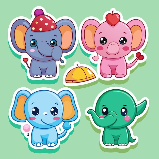 Cariñosas pegatinas de elefantes de dibujos animados con expresiones adorables
