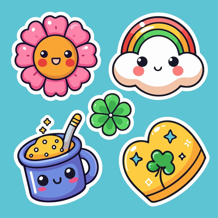 Vector cariñosas pegatinas con flores arco iris y trébol