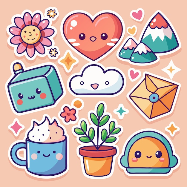Cariñosas pegatinas de Kawaii con caras felices Flor de corazón Copa de nube de montaña Robote de planta de sobre