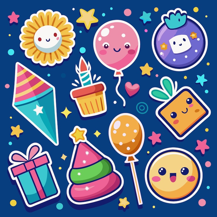 Vector cariñosas pegatinas kawaii para celebrar cumpleaños y ocasiones especiales