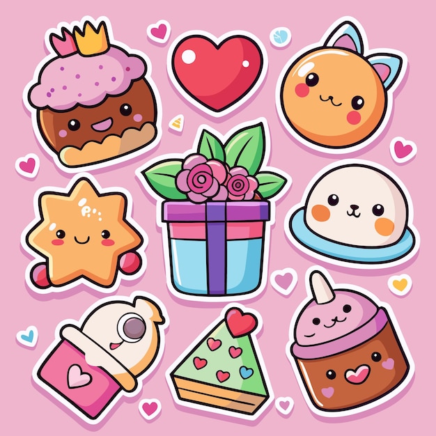 Cariñosas pegatinas de Kawaii Corazones pasteles y animales