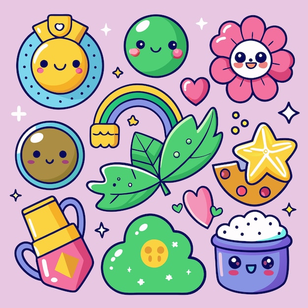 Cariñosas pegatinas de Kawaii Sonriente sol Flor de guisante verde hoja de arco iris estrella luna y más