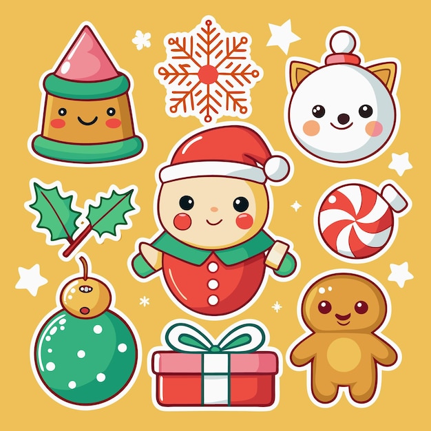 Cariñosas pegatinas navideñas con varios elementos navideños