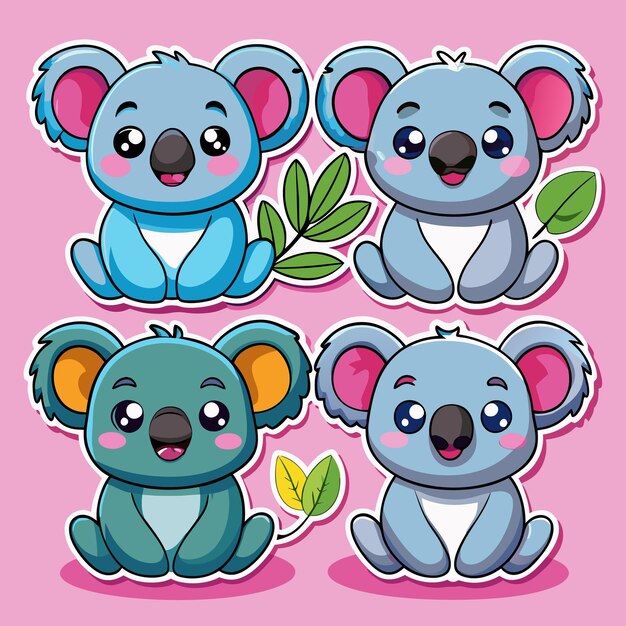 Cariñosas pegatinas de oso koala con hojas