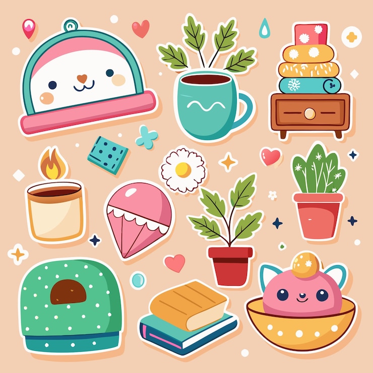 Vector cariñosas pegatinas con plantas, libros y animales