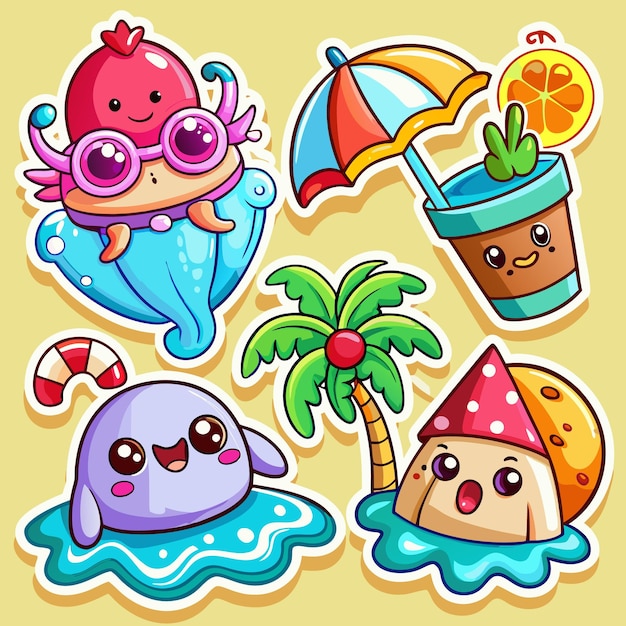 Cariñosas pegatinas de verano personajes adorables disfrutando de la playa