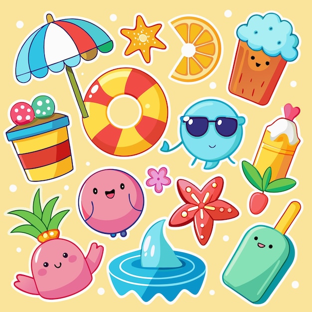 Cariñosas pegatinas de verano con temas divertidos y adorables de playa