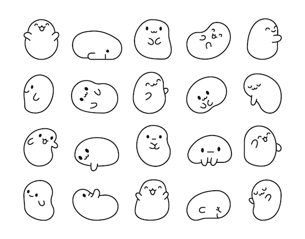Cariñosas perlas de tapioca kawaii Página para colorear personajes divertidos de dibujos animados estilo dibujado a mano.