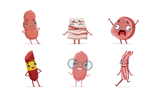 Cariñosas salchichas humanizadas con varias emociones Colección de personajes divertidos de comida rápida con caras divertidas brazos y piernas Ilustración vectorial