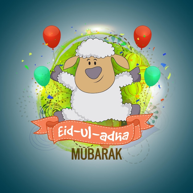 Vector cariñoso y gracioso bebé oveja con cinta eiduladha mubarak en globos decorados con fondo floral para la celebración del festival del sacrificio de la comunidad musulmana