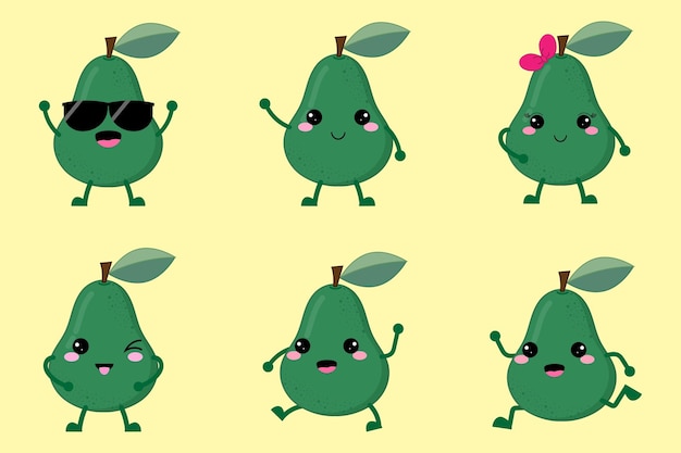 Cariñosos aguacates de dibujos animados con varias expresiones