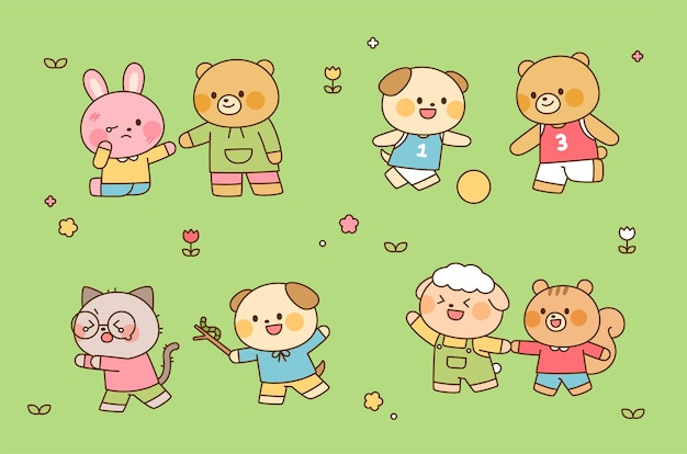 Cariñosos animales de dibujos animados que juegan en el patio de recreo mostrando varias emociones y actividades